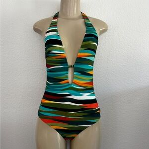 Striped Green and Orange One-Piece Swimsuit